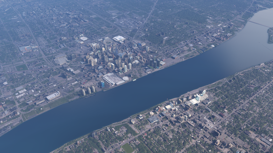 Aerial view of downtown Detroit and Windsor on opposite banks of the Detroit River in Microsoft Flight Simulator
