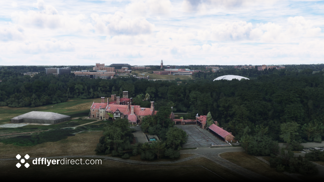 Meadow Brook Hall with red roofs and wooded grounds, with Oakland University campus beyond