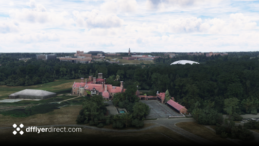 Meadow Brook Hall with red roofs and wooded grounds, with Oakland University campus beyond