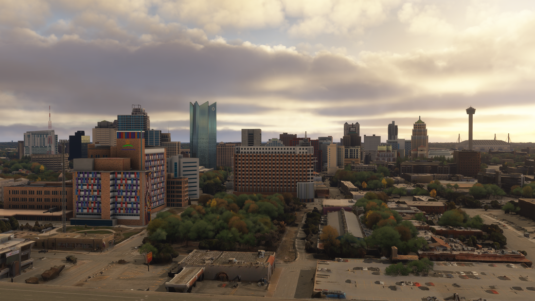San Antonio skyline and Tower of the Americas in daylight in Microsoft Flight Simulator