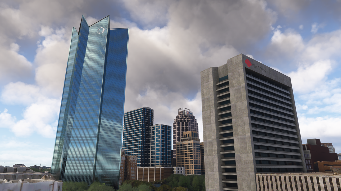 San Antonio glass tower and neighboring building facades