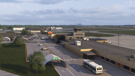 Windsor International Airport terminal and control tower with parking lanes, cars, and a bus in the simulator