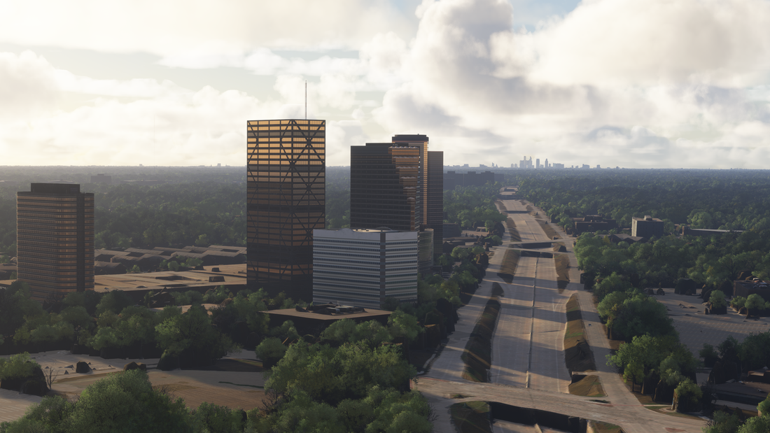 Southfield Town Center towers beside a highway in Microsoft Flight Simulator