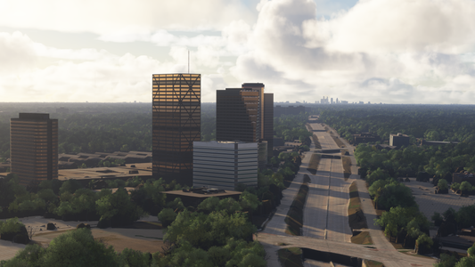 Southfield Town Center towers beside a highway in Microsoft Flight Simulator