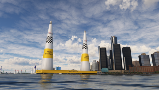 Detroit River air-race finish pylons with the Renaissance Center beyond