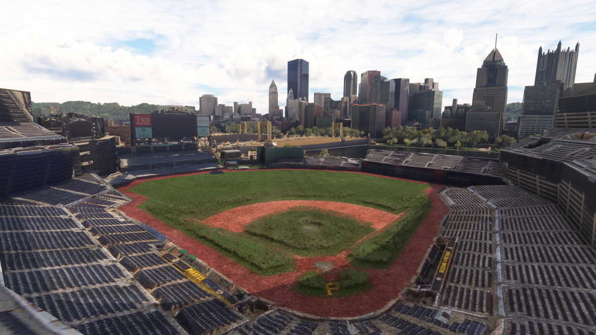 Before: default MSFS scenery, PNC Park seating, baseball field, and Pittsburgh skyline