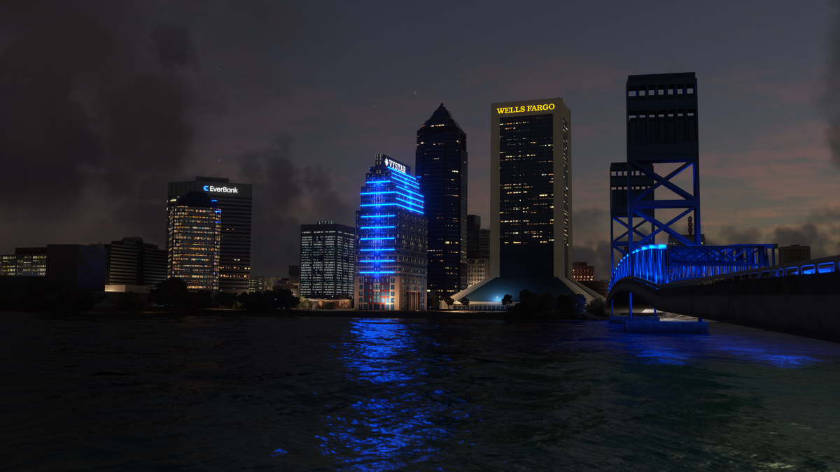 After: Dfflyer Direct scenery, Jacksonville riverfront skyline and blue-lit bridge at night