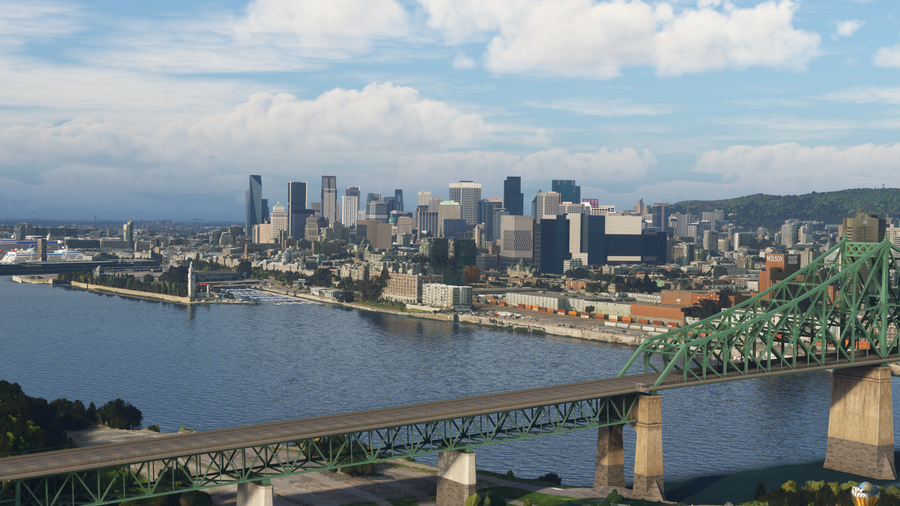 Montreal skyline across the water with a green steel bridge in the foreground, with dfflyerdirect scenery