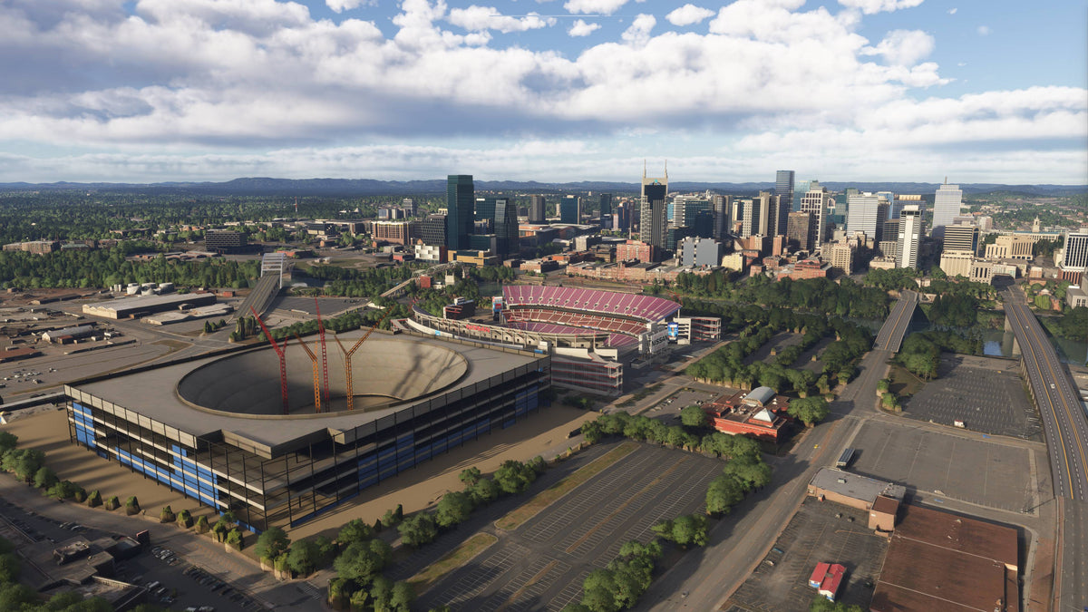 After: Dfflyer Direct scenery, Nashville stadium district and downtown skyline across the river