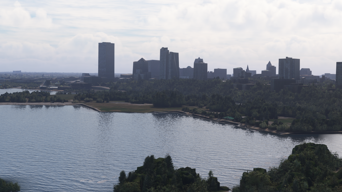 Default MSFS scenery: Milwaukee marina and downtown skyline