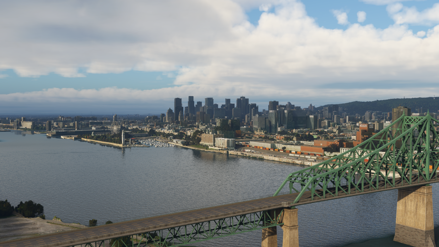 Montreal skyline across the water with a green steel bridge in the foreground, default scenery