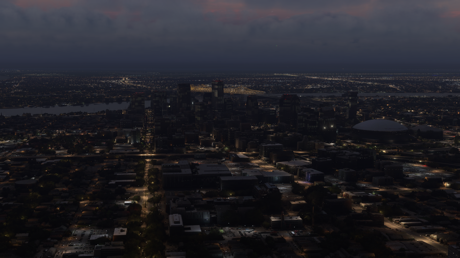 New Orleans downtown skyline and domed stadium after dark, default scenery