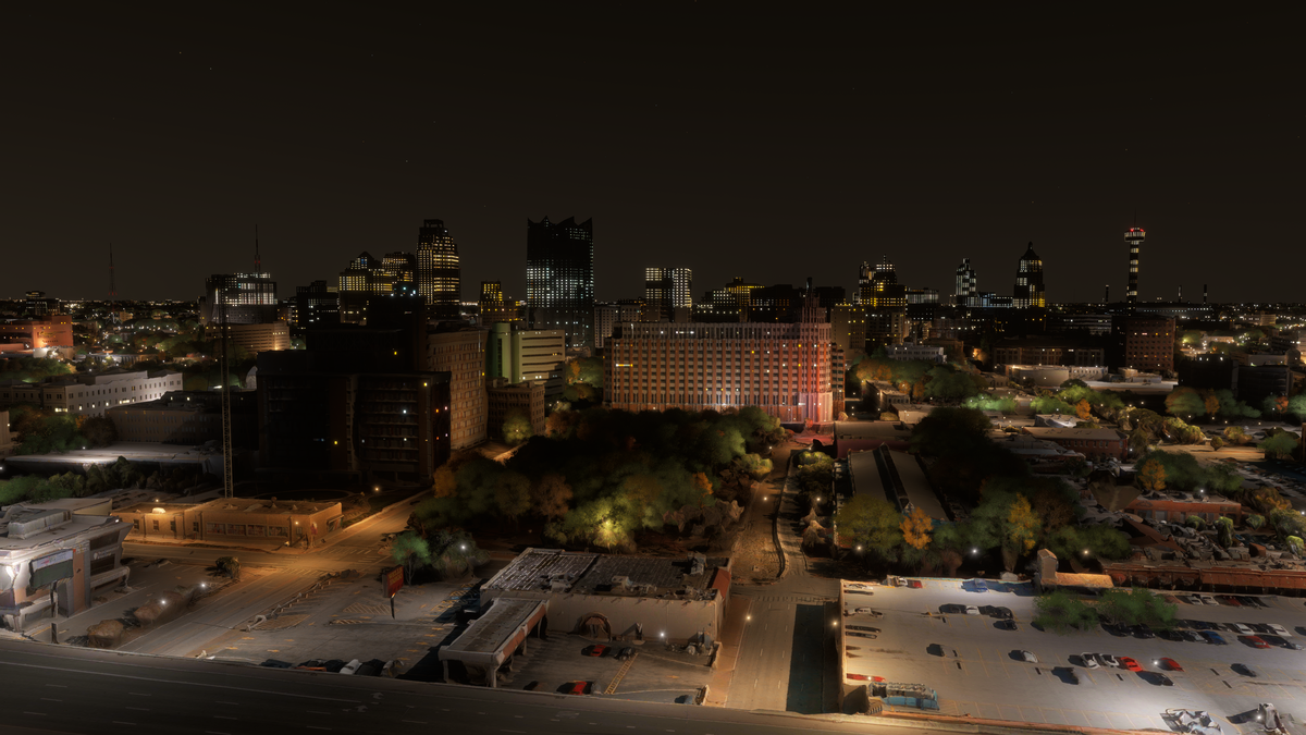 Default MSFS scenery: San Antonio downtown skyline at night