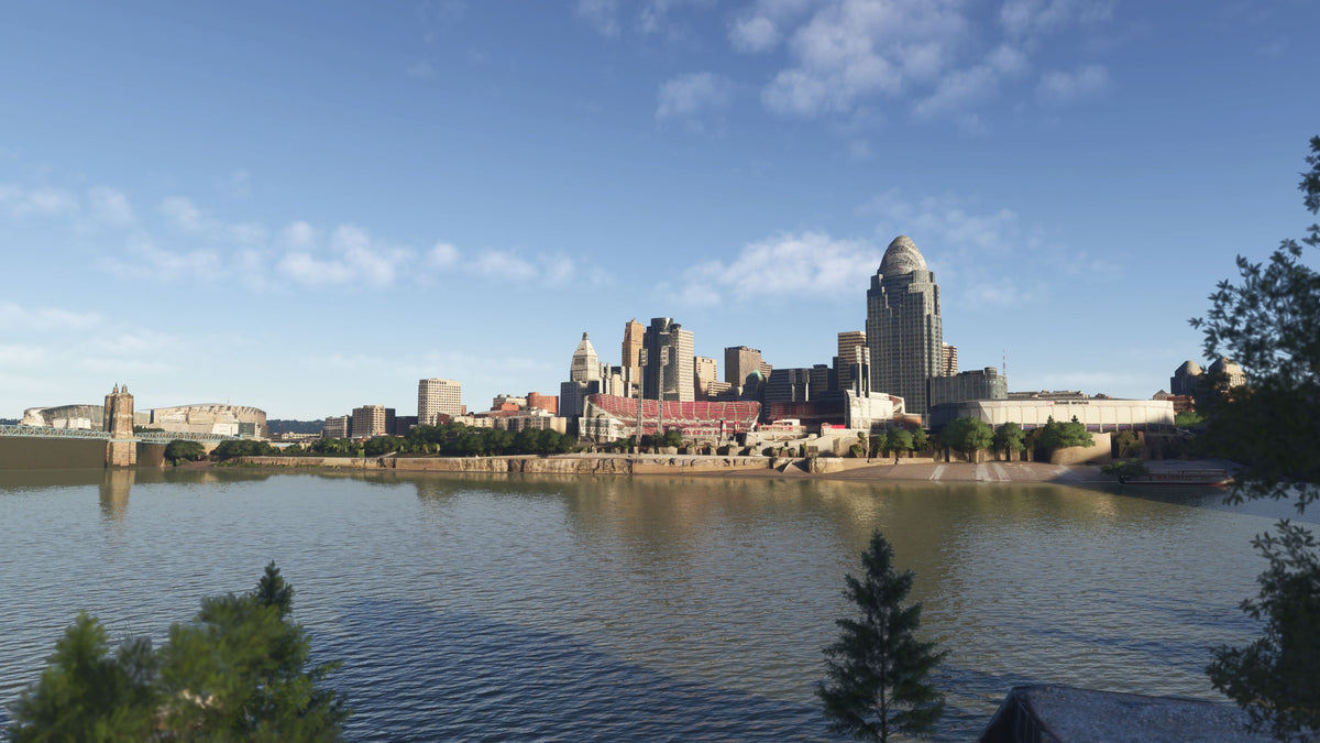 Default MSFS scenery: Cincinnati ballpark and skyline across the Ohio River