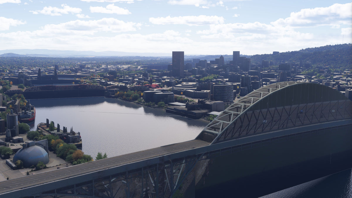 Default MSFS scenery: Fremont Bridge and Portland skyline
