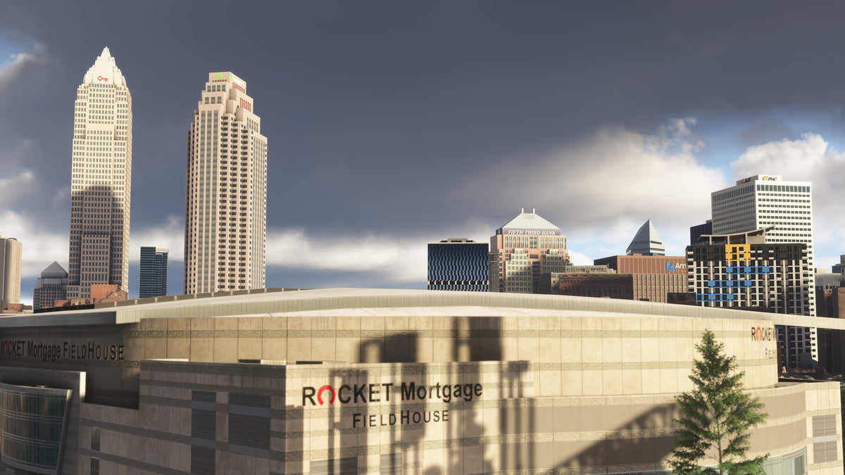 Close view of the arena exterior marked Rocket Mortgage FieldHouse, with downtown towers behind it in Cleveland, Ohio MSFS scenery.