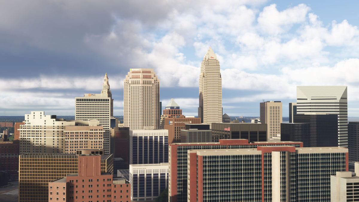 Key Tower rising above closely packed downtown buildings beneath clouds in Cleveland, Ohio MSFS scenery.
