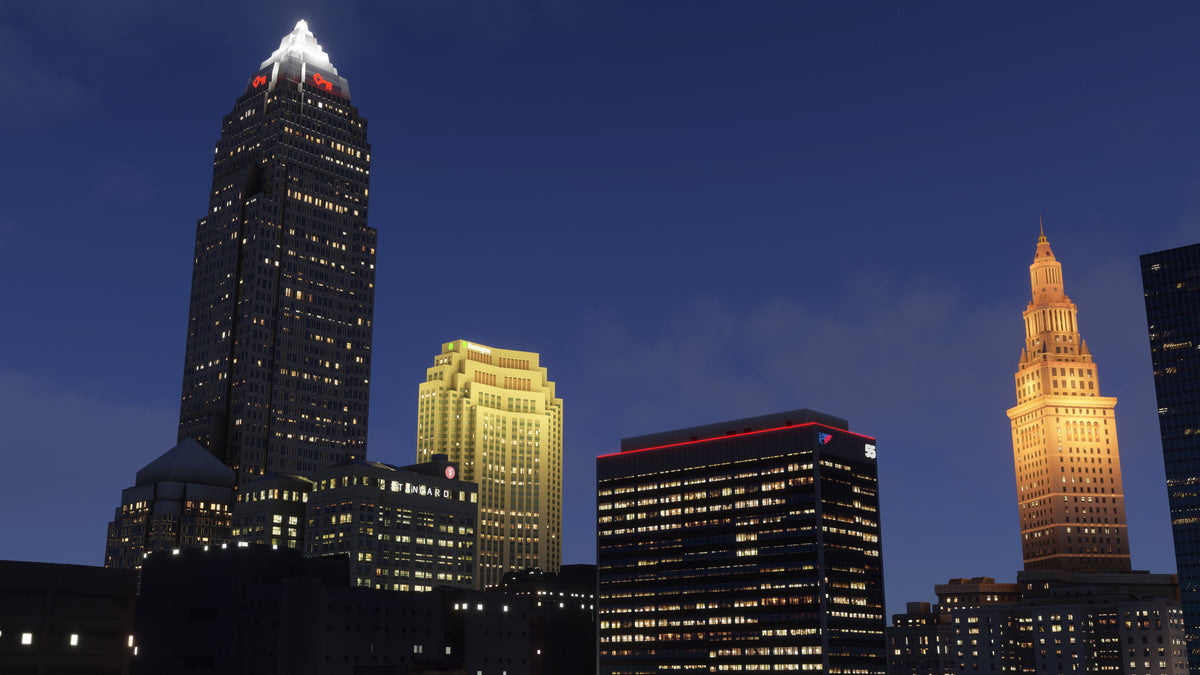 Key Tower and neighboring downtown towers illuminated at night in Cleveland, Ohio MSFS scenery.