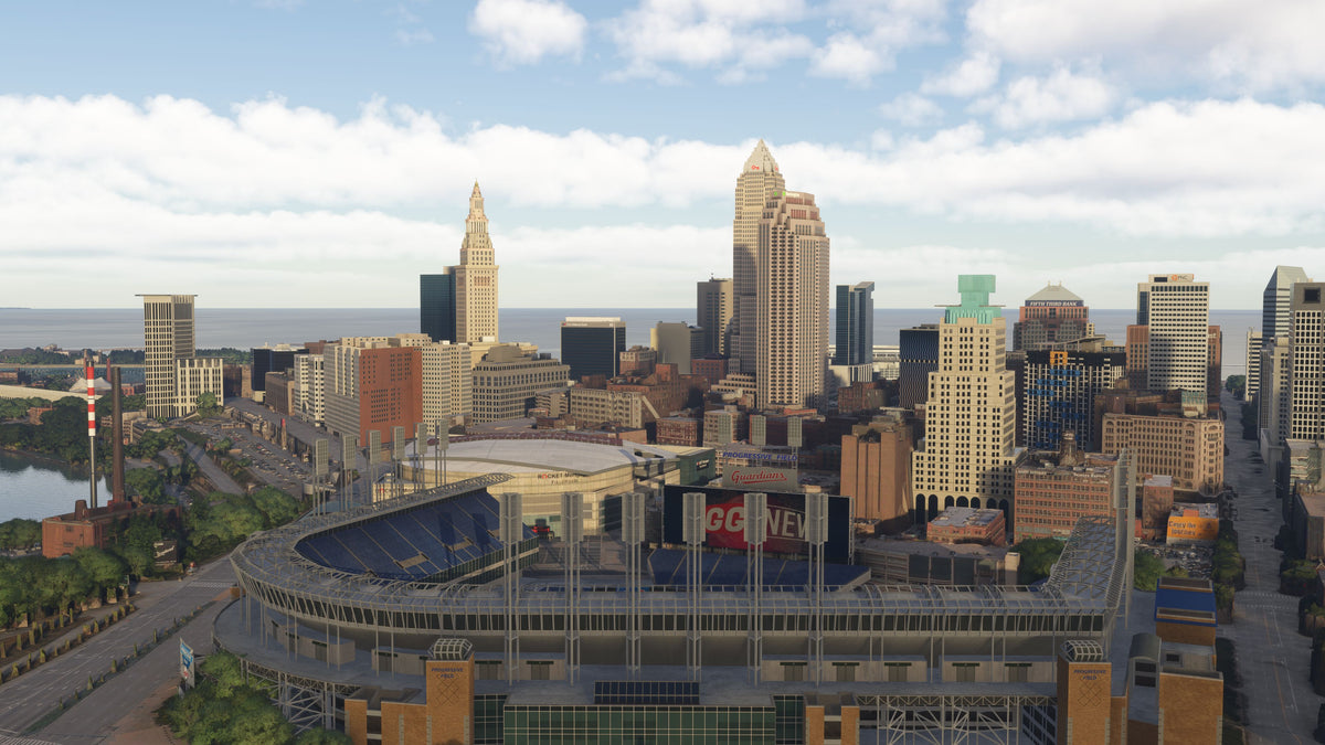 Progressive Field in daylight with the Cleveland skyline and Lake Erie behind it in Ohio MSFS scenery.