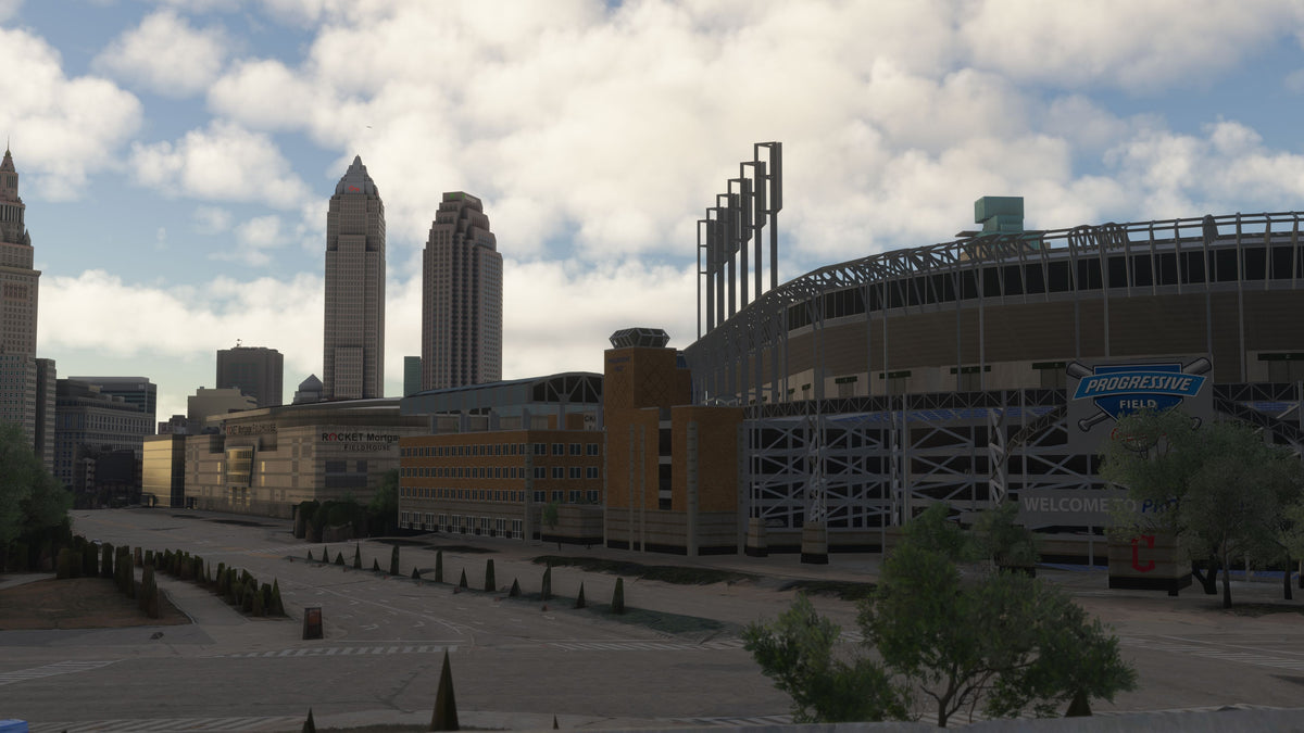 Street-level daylight view of Progressive Field, the neighboring arena, and downtown towers in Cleveland, Ohio MSFS scenery.