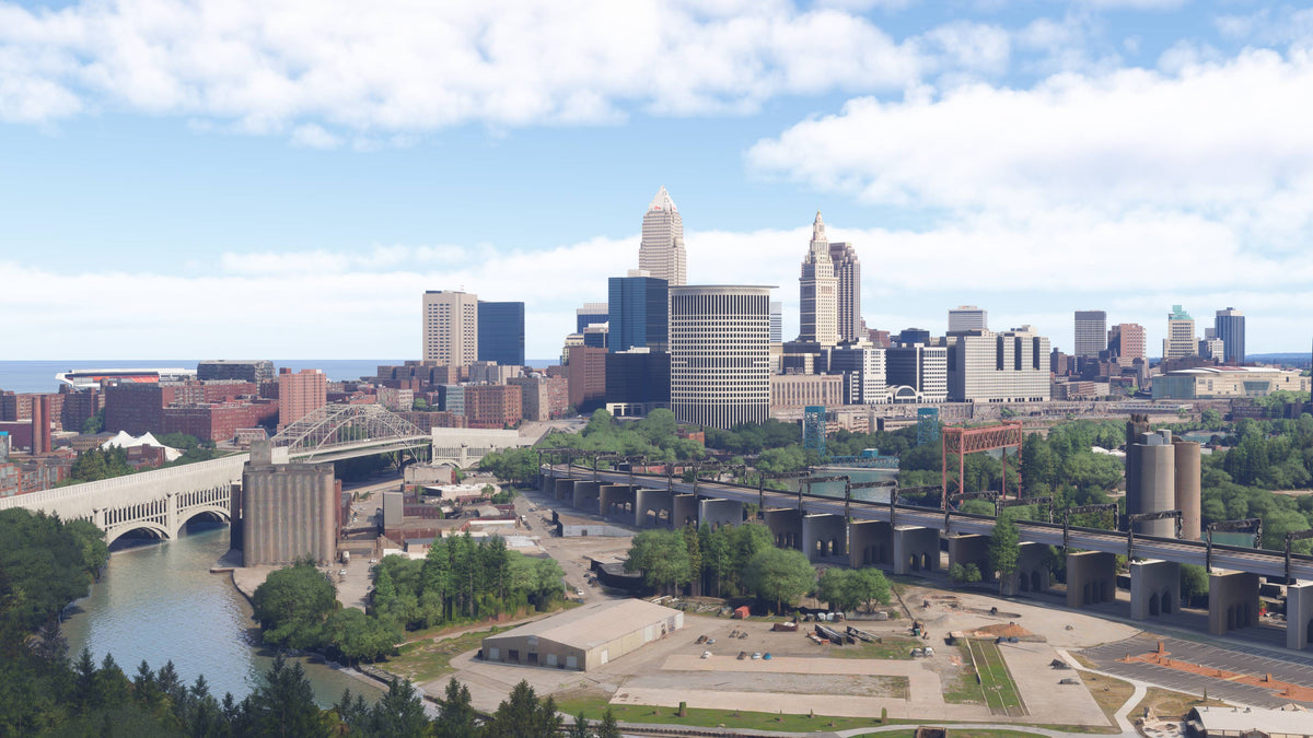 Daytime view across river bridges and industrial buildings toward downtown Cleveland in Ohio MSFS scenery.