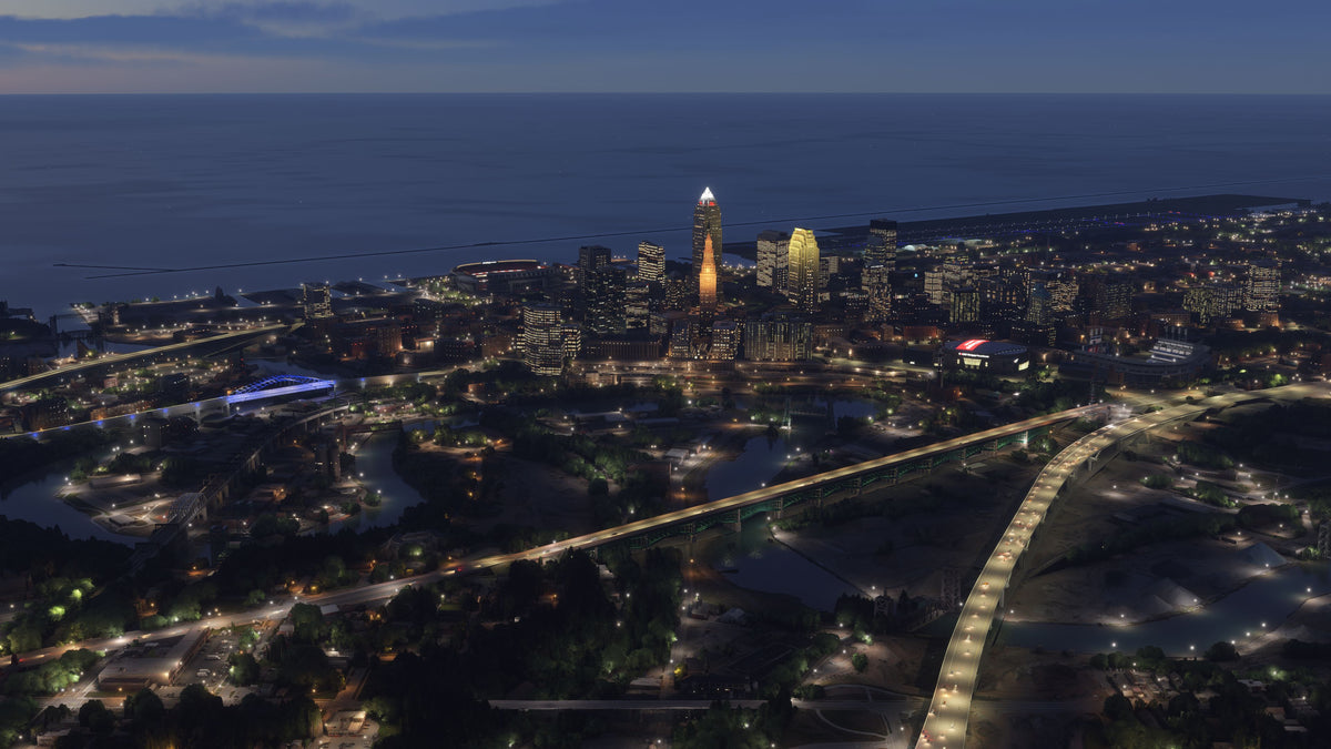 Nighttime aerial view of Cleveland's river bridges, illuminated downtown, and lakefront in Ohio MSFS scenery.