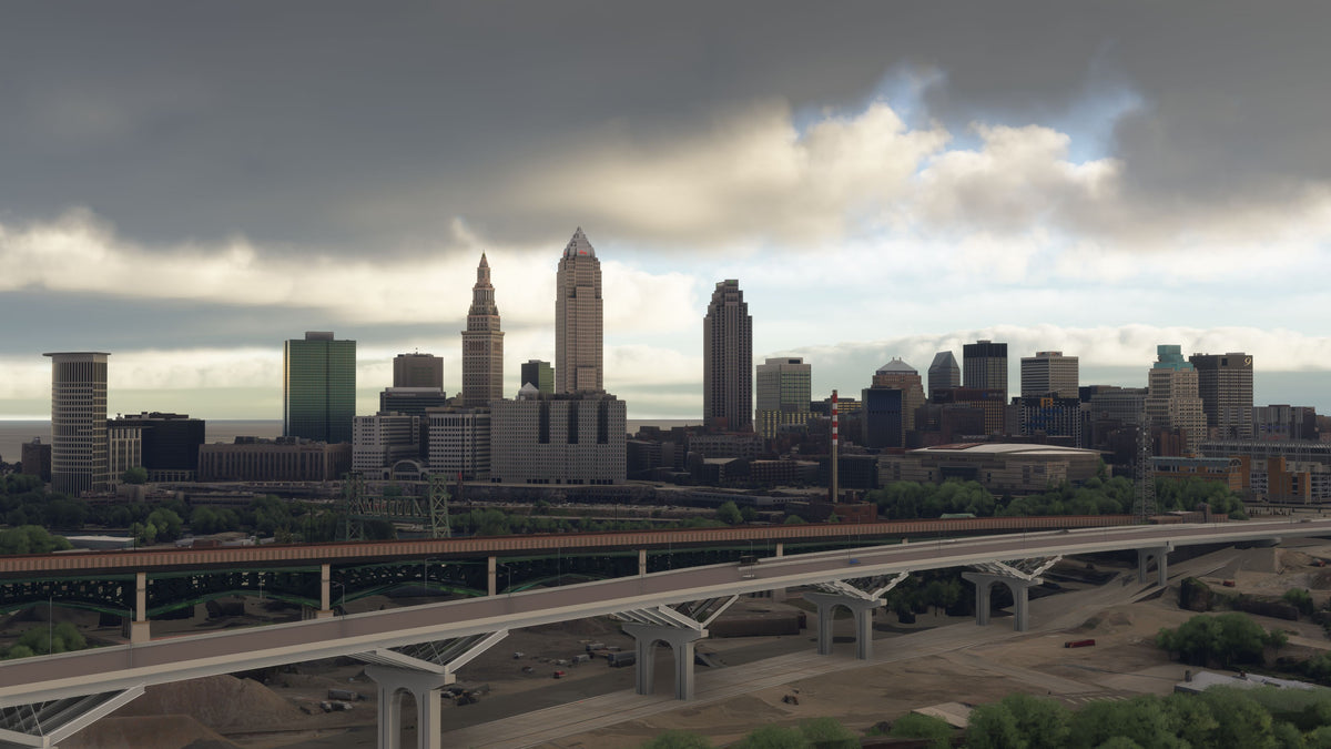 Cleveland skyline beneath dark clouds, with elevated bridges in the foreground in Ohio MSFS scenery.