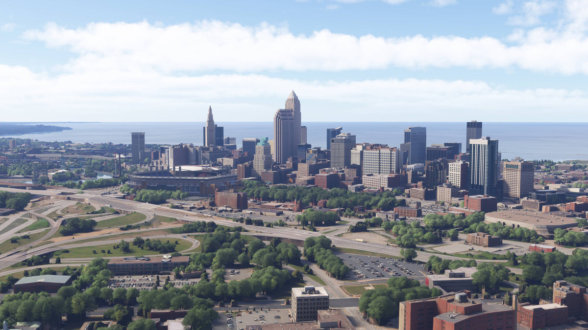 Daytime Cleveland skyline with highway interchanges in the foreground and Lake Erie behind it in Ohio MSFS scenery.