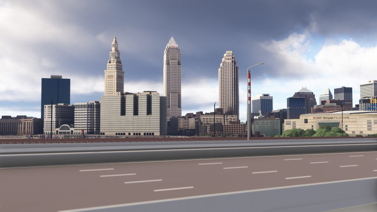 View from an elevated roadway toward Cleveland's downtown towers and arena in daylight in Ohio MSFS scenery.