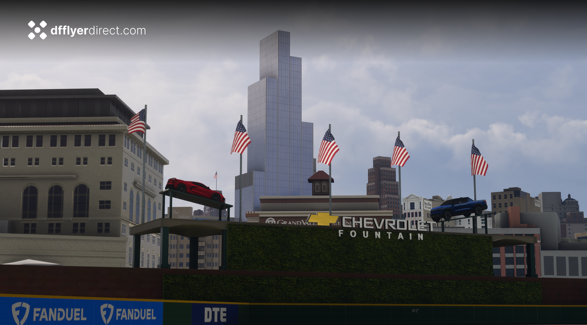 After: Dfflyer Direct scenery, Comerica Park outfield fountain, cars, flags, and Detroit skyline