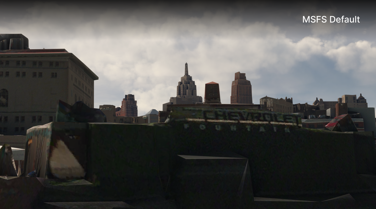 Before: default MSFS scenery, Comerica Park outfield fountain, cars, flags, and Detroit skyline