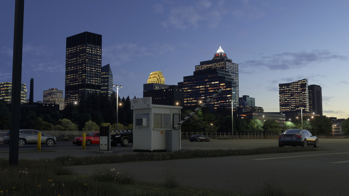 KBKL parking booth, raised barrier and parked cars with illuminated Cleveland buildings behind them at dusk in MSFS.