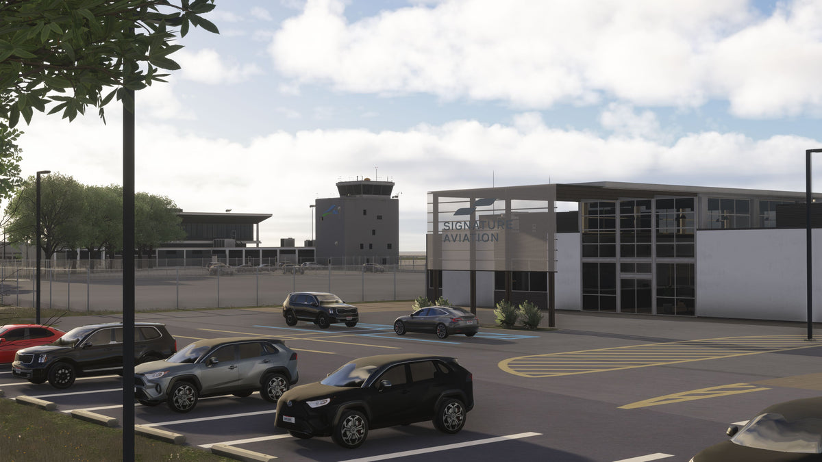Signature Aviation entrance and parking area at KBKL, with the control tower and terminal behind the perimeter fence in MSFS.