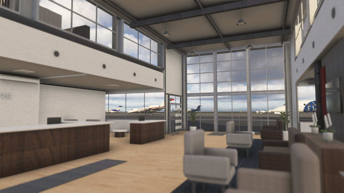 Signature Aviation lounge interior at KBKL, with reception counters, seating and large windows overlooking parked jets in MSFS.