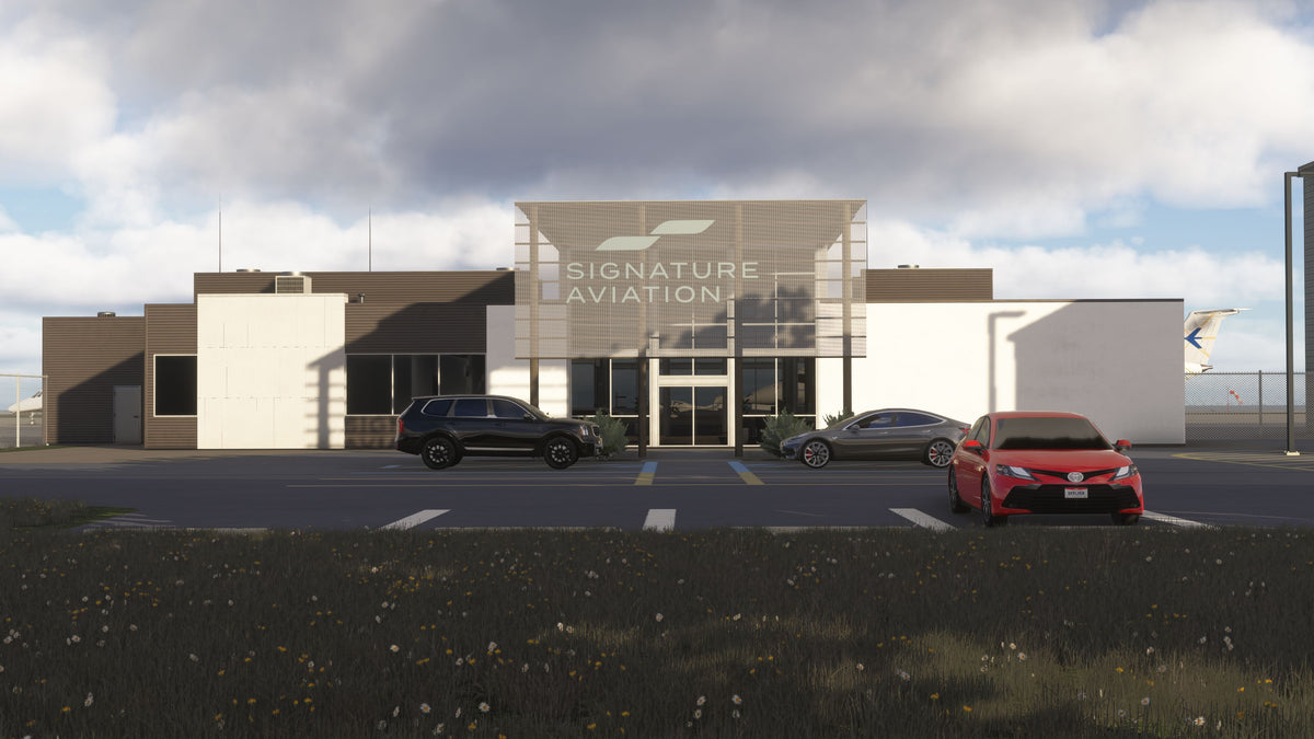 Signature Aviation reception building at KBKL with large entrance signage, glass doors and marked parking spaces in MSFS.
